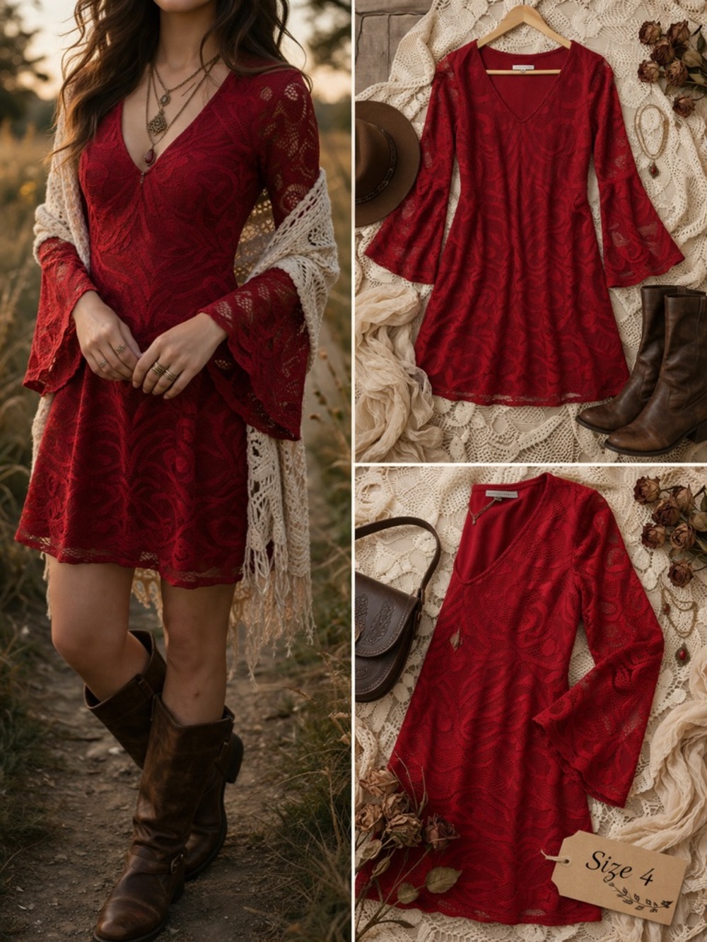 Red Lace Bell Sleeve Dress Romantic Boho Gothic Cottagecore Mini Size 4